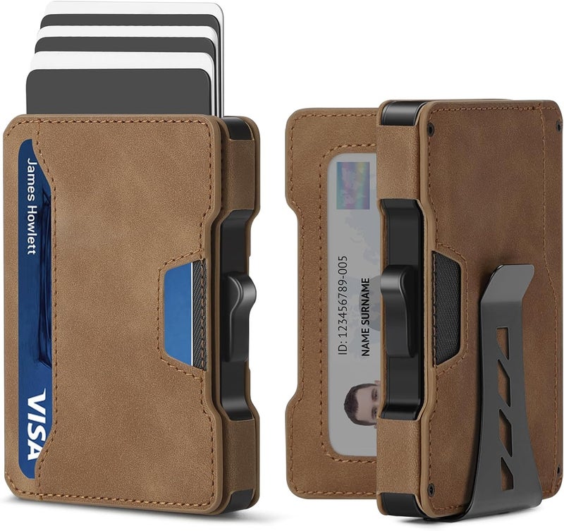 BESSIO Slim Wallet for Men - Minimalist Mens Wallet with Money Clip, Aluminum Pop Up Card Case and Leather Slots Credit Card Holder RFID Blocking Wallet for Men with Gift Box - Image 1